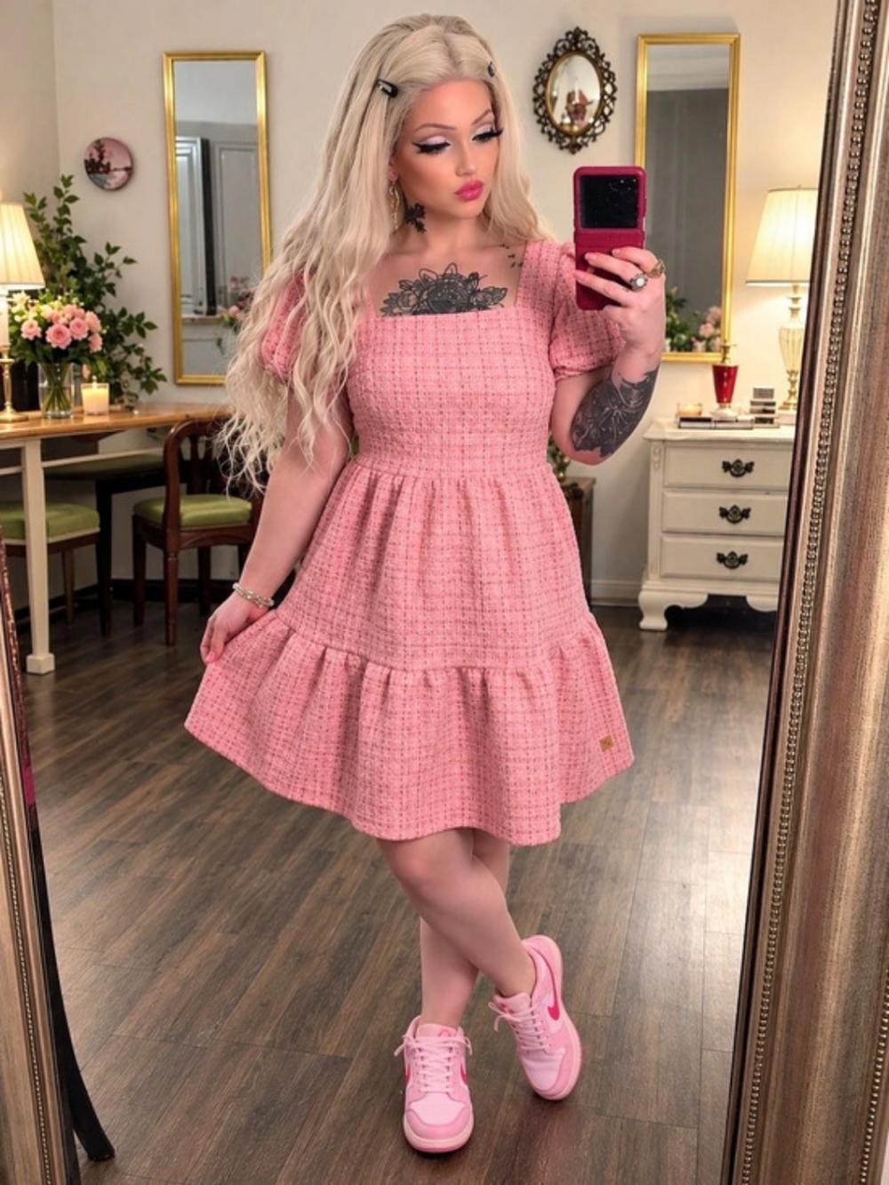 Simply Southern Collection Pink Gold Tweed Puff Sleeve Fit & Flare Mini Dress S